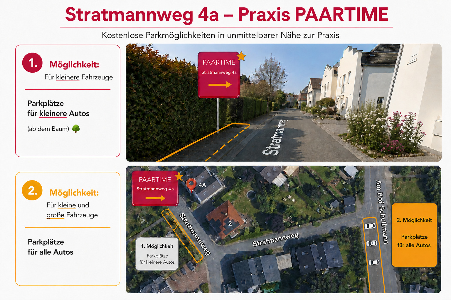 Parkmöglichkeiten am Stratmannweg 4a: Erste Möglichkeit für kleinere Fahrzeuge direkt am Stratmannweg ab dem Baum, zweite Möglichkeit für kleine und große Fahrzeuge Am Hof Schultmann