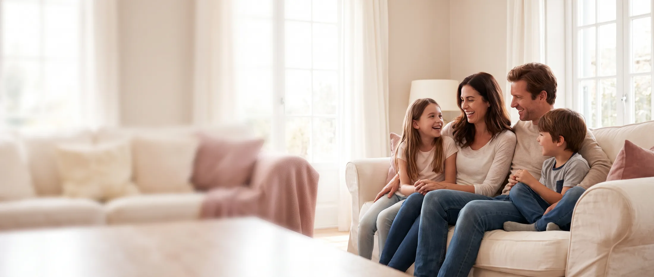 Familie mit zwei Kindern lacht gemeinsam auf dem Sofa, Familienberatung in Münster