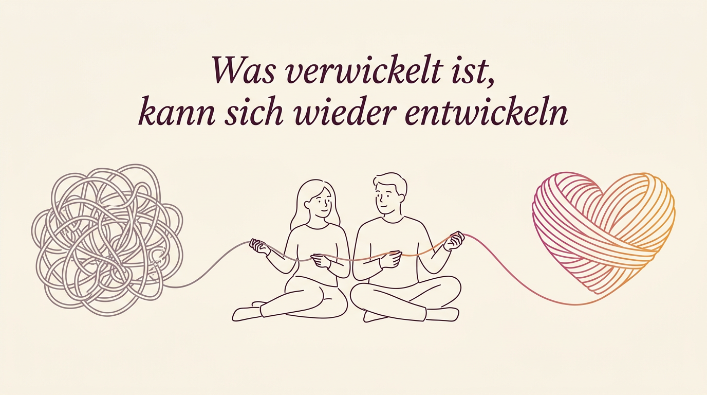 Zeichnung mit dem Satz „Was verwickelt ist, kann sich wieder entwickeln